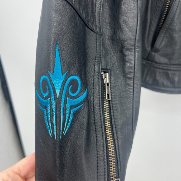 Harley Davidson Black Leather Blue Embroidered Riding Jacket Women's 1W - Picture 2 of 6